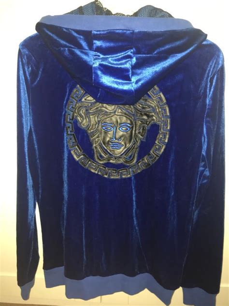 versace blue velvet tracksuit|Versace pantsuit.